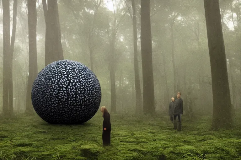 Image similar to tourists visiting a complex organic fractal 3 d ceramic sphere floating in a lush forest, foggy, cinematic shot, photo still from movie by denis villeneuve