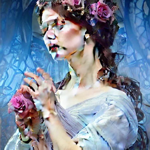 Image similar to perfectly detailed goddess princess of blue roses!! blessed by nature with ever - increasing physical mental perfection, intricate, highly detailed, biblical divine holy perfection!! digital painting, artstation, concept art, smooth, sharp focus, illustration, art by artgerm and greg rutkowski and alphonse mucha