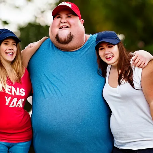 Image similar to very obese man with a t-shirt and a cap with the letter P, with his brunette wife and two daughters
