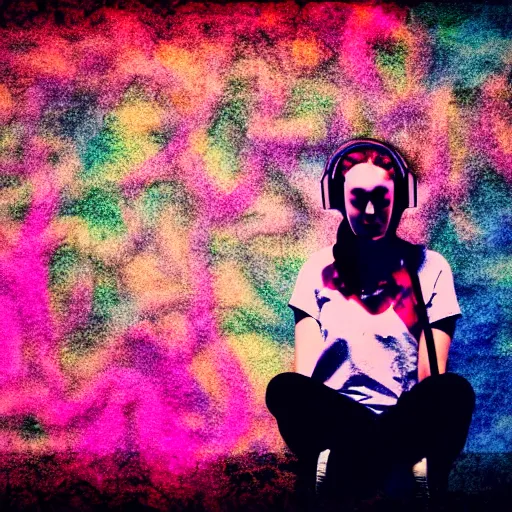 Prompt: crazy abstract full shot photo of a girl in headphones sitting near the lake of musical notes, Lomo colors, bleach bypass