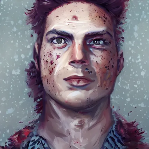 Image similar to portrait of a teen boy with long red hair and a lot of freckles and muscular, intricate, highly detailed, digital painting, artstation, sharp focus, illustration