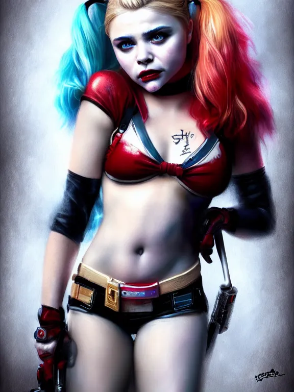 Image similar to chloe grace moretz as a beautiful harley quinn, digital painting, extremely detailed, 4 k, intricate, brush strokes, mark arian, artgerm, bastien lecouffe - deharme