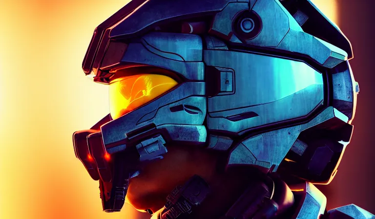 Image similar to cyberpunk halo helmet on space looking up, close shot, reflection, epic, dramatic, cinematic, award winning, ultra detailed, realistic, 8k,