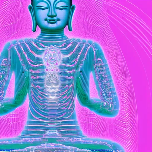 Image similar to robotic lifeform buddha meditating in front of a beautiful fractal neural network