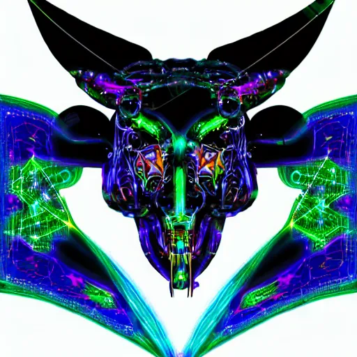 Image similar to biomechanical baphomet sigil merged with mainframe circuitry, multicolored digital art