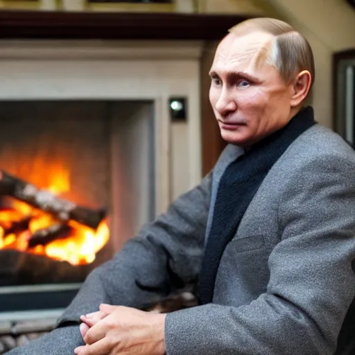 Prompt: vladimir putin in a waistcoat staring at a log fire photograph, dslr, rule of thirds