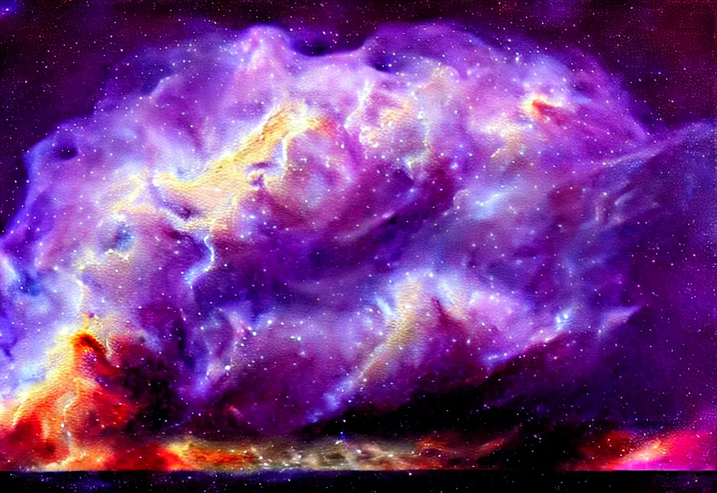 Image similar to purple color lighting storm with stormy sea close up of a pirate ship firing its cannons trippy nebula sky with dramatic clouds painting by Richard Prince Photorealism