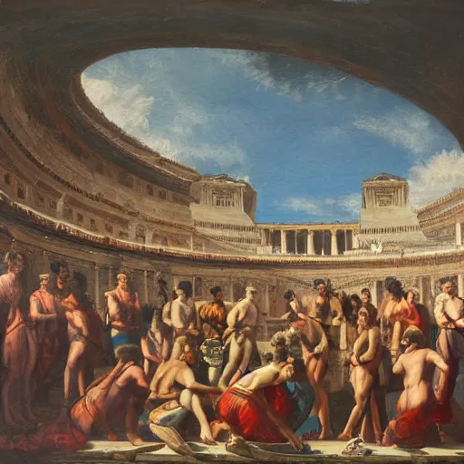 Image similar to a marble coliseum filled with roman people, oil painting,