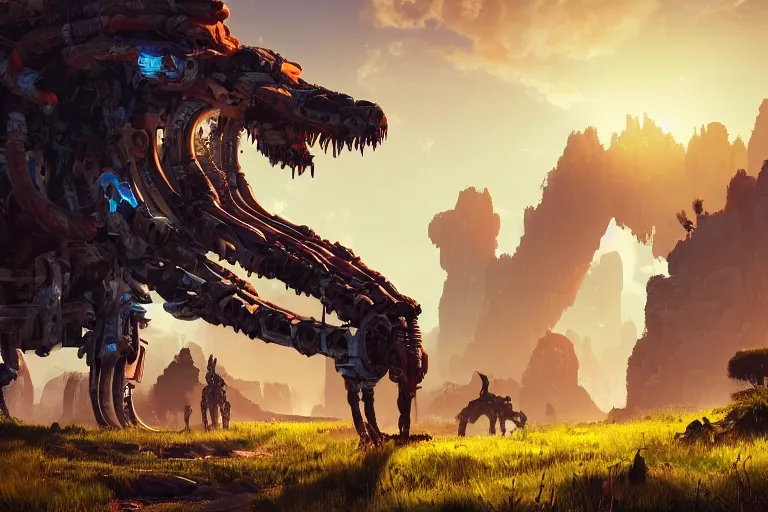 Image similar to snapmaw machine creature robot of horizon forbidden west horizon zero dawn radiating a glowing aura global illumination ray tracing hdr fanart arstation by ian pesty and alena aenami artworks in 4 k