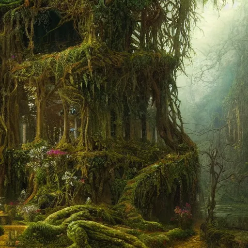 Image similar to a beautiful and highly detailed oil painting of an overgrown forest temple in the misty mountains, intricate details, epic scale, insanely complex, 8 k, sharp focus, hyperrealism, fantasy landscape, psychedelic, by caspar friedrich and james gurney,