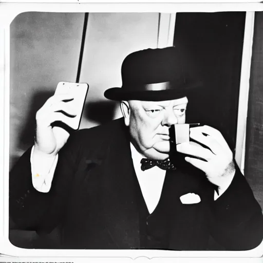 Image similar to A black and white photograph, circa 1940s, of Winston Churchill using a smartphone