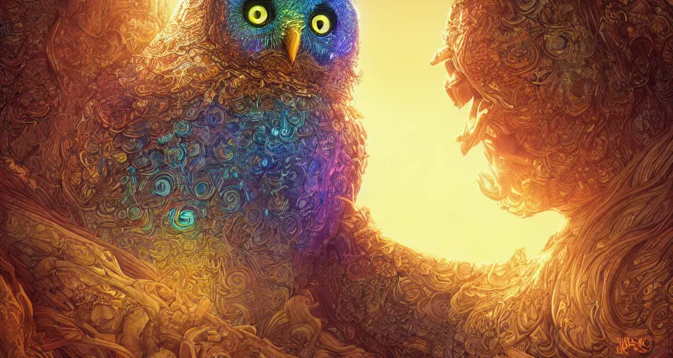 Image similar to the portrait of a smiling golden owl in the depths of the universe, an ultrafine hyperdetailed illustration by kim jung gi, irakli nadar, intricate linework, bright colors, octopath traveler, final fantasy, unreal engine 5 highly rendered, global illumination, radiant light, detailed and intricate environment, - h 1 0 2 4