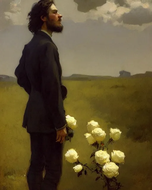 Image similar to a guy waiting for his love to come, holding roses, art by greg rutkowski, gustave courbet, rosa bonheur, edward hopper. faithfully depicted facial expression, perfect anatomy, sharp focus, global illumination, radiant light, detailed and intricate environment, trending on artstation