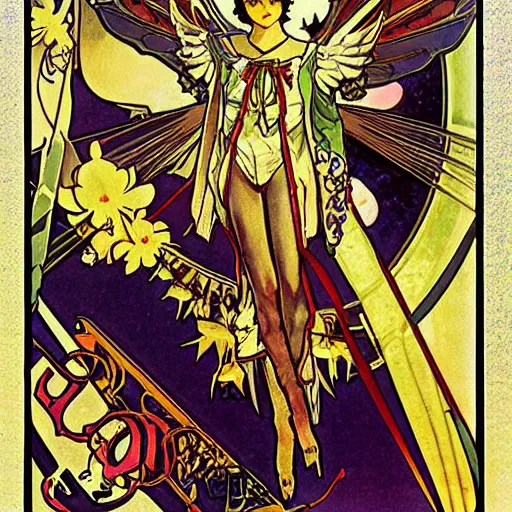 Prompt: anime manga angelic winged gundam robot astronaut portrait by Alphonse Mucha art nuevou