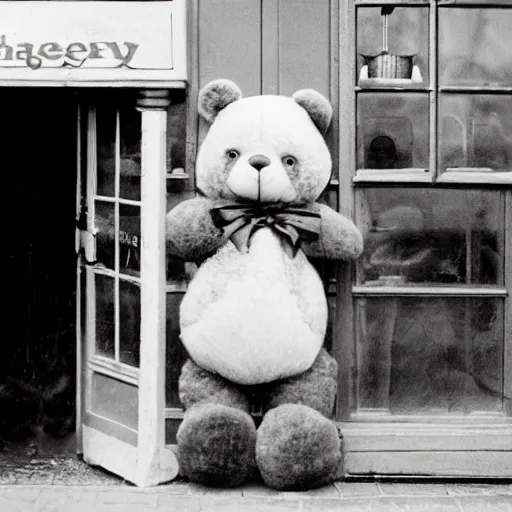 Prompt: A teddy bear doll with 8 balloons stands in the doorway of a ice-cream store,Beatrix potter