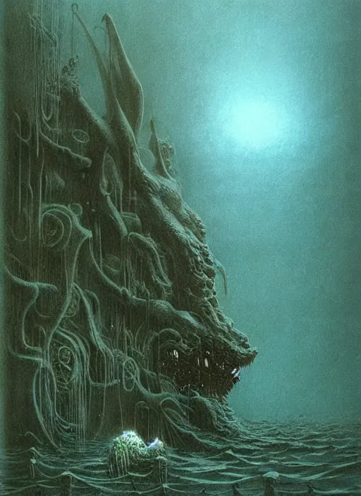 Image similar to a giant lovecraftian sea creature destroying an underwater city by beksinski