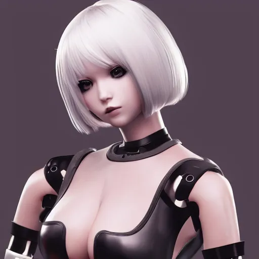 Image similar to showcase of a new female robot companion modeled after 2B nier automata, 4k, realistic, unreal engine render, trending in artstation, artstationHD, artstationHQ