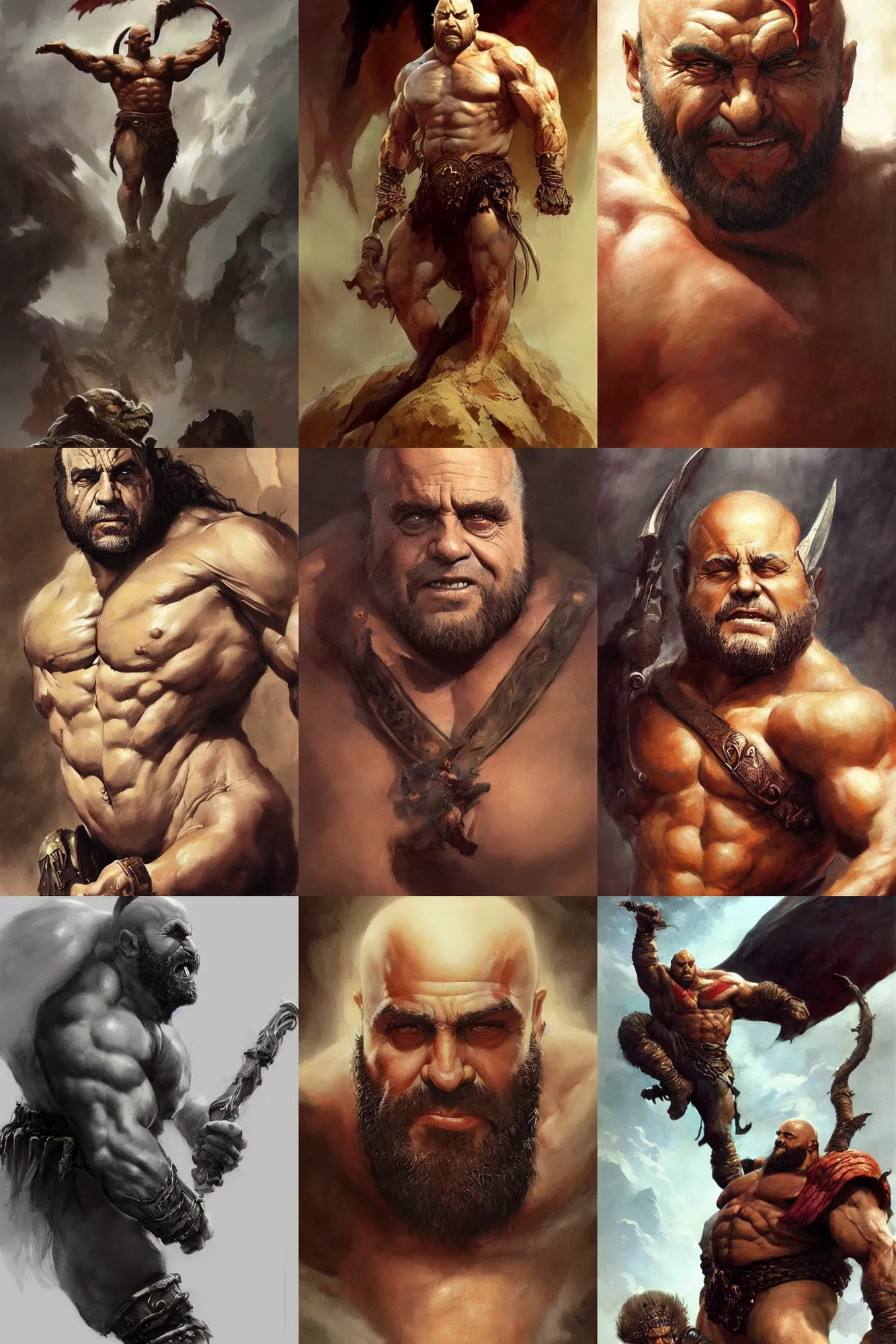 Prompt: A portrait of gigachad Danny DeVito, by Frank Frazetta, Greg Rutkowski, Boris Vallejo, epic fantasy character art, god of war, Exquisite detail, post-processing, low angle, masterpiece, cinematic