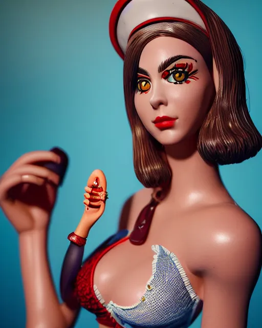 Image similar to highly detailed closeup, face profile portrait of a tin toy cara delevigne as a waitress in a diner, bikini, depth of field, fashion photoshoot by dan decarlo, breathtaking, detailed and intricate environment, 8 k resolution, hyperrealistic, octane render