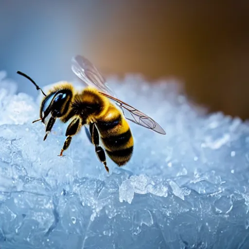 Prompt: a bee finding a beautiful flower, entrapped in ice, only snow in the background, beautiful macro photography, ambient light
