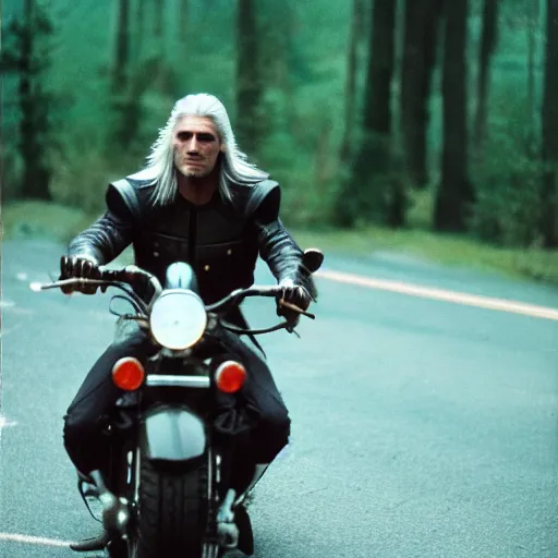 Prompt: geralt riding a motorcycle, cinestill 800t 50mm