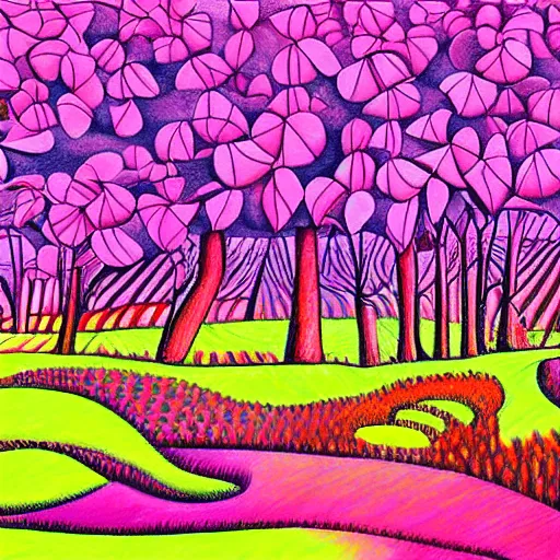 Prompt: chaotic by larry carlson color field paintingcubist, fuchsia. a beautiful drawing depicting a farm scene. the drawing shows a view of an orchard with trees in bloom.