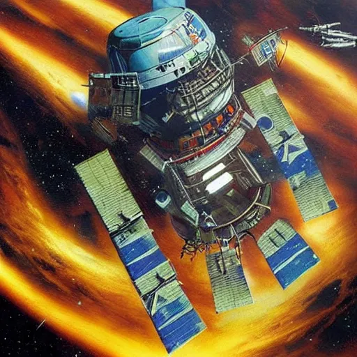 Prompt: abandoned space station, artwork by chris foss