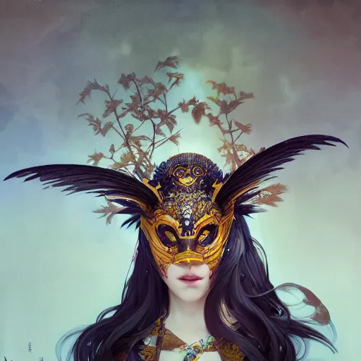 Image similar to a photorealistic dramatic fantasy render of a beautiful woman wearing a beautiful intricately detailed japanese crow kitsune mask and clasical japanese kimono by wlop, artgerm, greg rutkowski, alphonse mucha, beautiful dynamic dramatic dark moody lighting, shadows, cinematic atmosphere, artstation, concept design art, octane render, 8 k