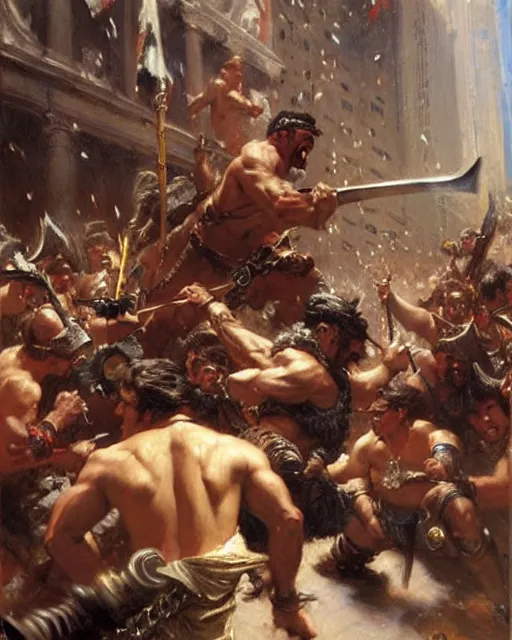 Image similar to a fierce barbarian yelling at stock brokers on wall street, painting by gaston bussiere, craig mullins, j. c. leyendecker