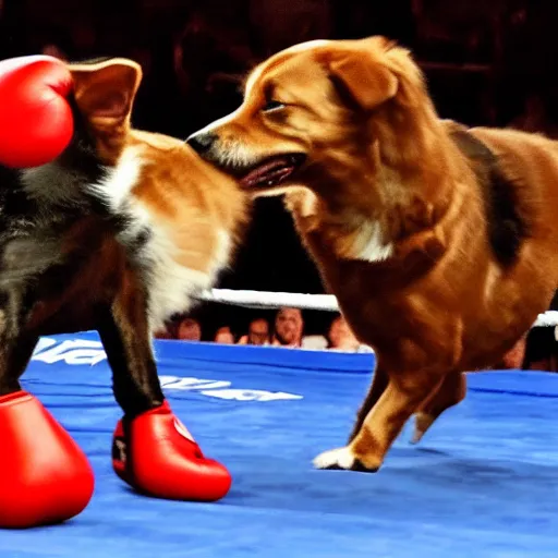 Prompt: a dog winning a boxing match against a cat