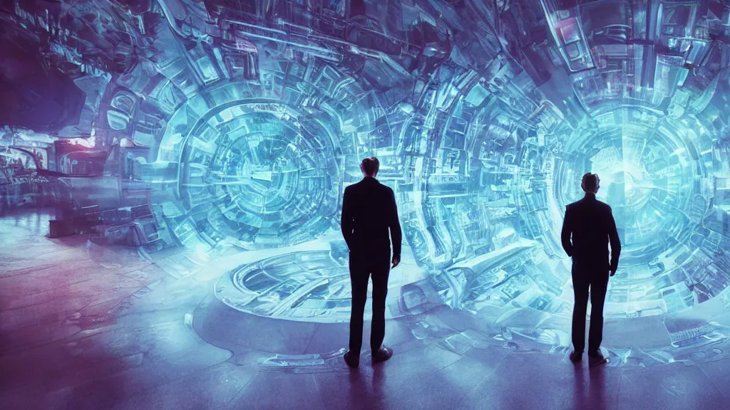 Image similar to movie scene of a man standing in front of a multiverse machine, movie still, cinematic composition, cinematic light, pastel color scheme, by andrzej zuławski