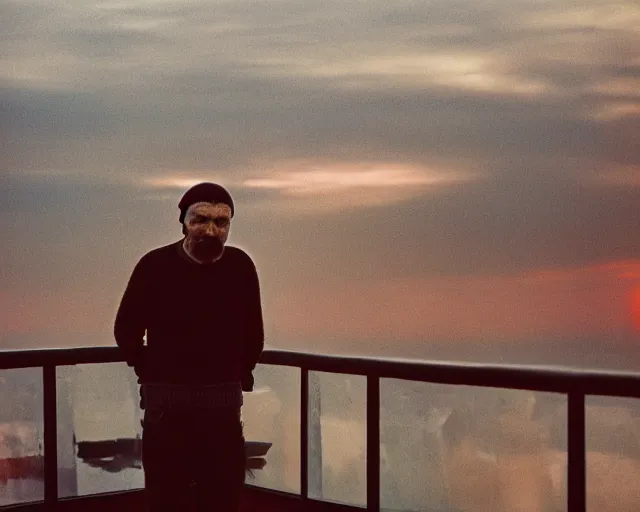 Image similar to lomographic tarkovsky film still of 4 0 years russian man with beard and sweater standing on small hrushevka 9 th floor balcony in taiga looking at sunset, perfect faces, cinestill, bokeh