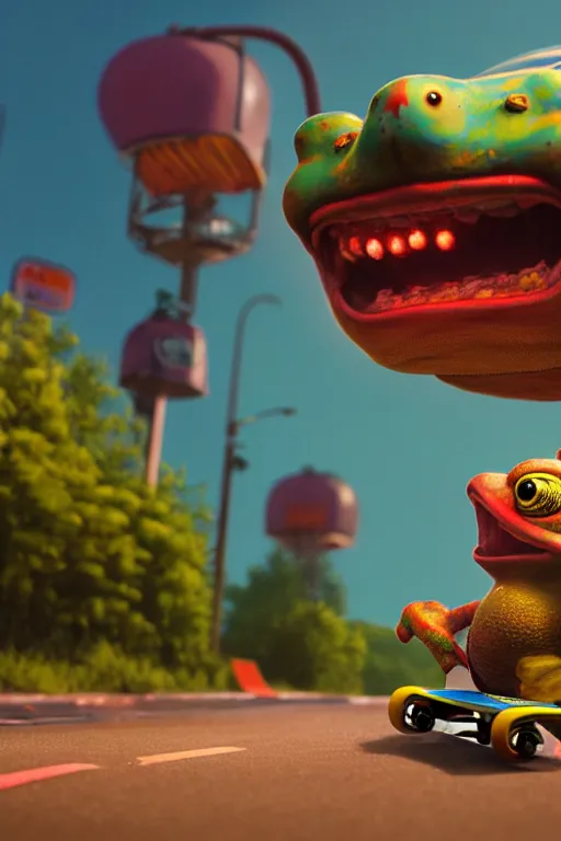 Prompt: toad rides a skateboard, ultra hd, Painting By Simon Stalenhag, unreal 5, DAZ, hyperrealistic, octane render, dynamic lighting, intricate detail, summer vibrancy, cinematic