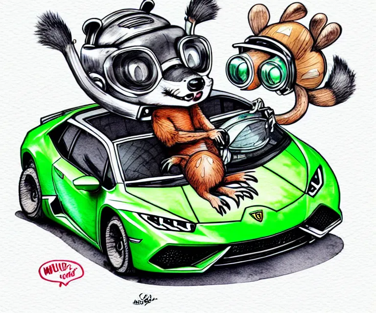 Image similar to cute and funny, racoon wearing a helmet riding in a tiny 2 0 2 0 lamborghini huracan sto, ratfink style by ed roth, centered award winning watercolor pen illustration, isometric illustration by chihiro iwasaki, edited by range murata