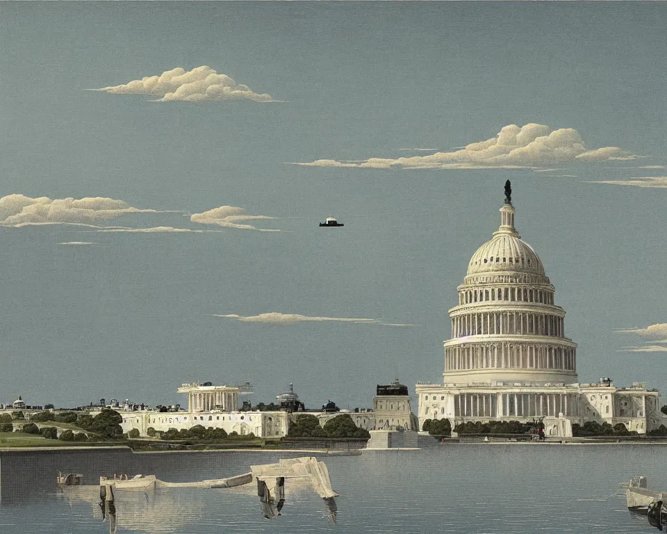 Image similar to dream! a star destroyer above the U.S. Capitol, trending on art station, by Hasui Kawase, Raphael, and Bernini.