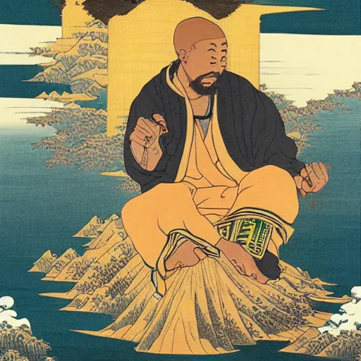 Prompt: U-God from Wu-tang Clan rapping, portrait, style of ancient text, hokusai