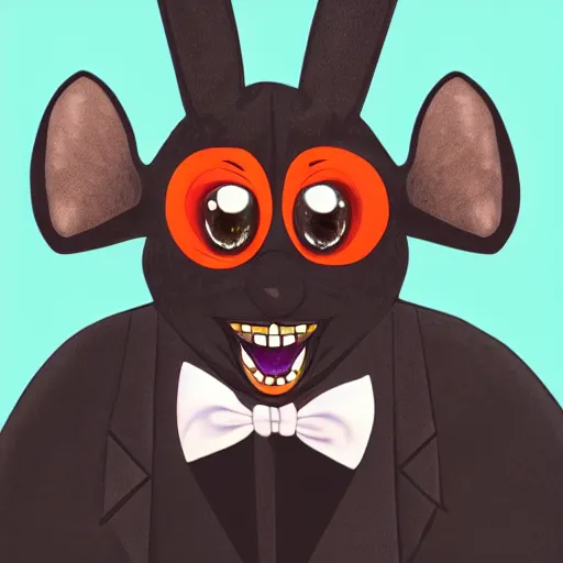 Image similar to A extremely highly detailed majestic hi-res beautiful, highly detailed head and shoulders portrait of a scary terrifying, horrifying, creepy black cartoon rabbit with a bowtie and scary big eyes, earing a shirt laughing, hey buddy, let's be friends, in the style of Walt Disney