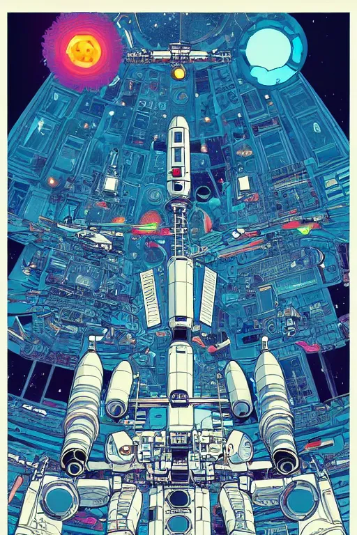 Image similar to drawing of an international space station filled with electronic equipment, japanese gundam mech, robots, led screens, droids, a detailed comic panel by kilian eng, moebius, featured on deviantart, psychedelic art, psychedelic, dmt