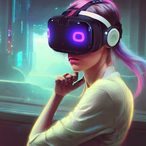 Prompt: portrait of a beautiful cybernetic raver girl wearing a oculus rift headset, cyberpunk concept art by pete mohrbacher and artgerm and wlop and greg rutkowski, digital art, highly detailed, intricate, sci-fi, neon colors, sharp focus, Trending on Artstation HQ, deviantart, unreal engine 5, 4K UHD image