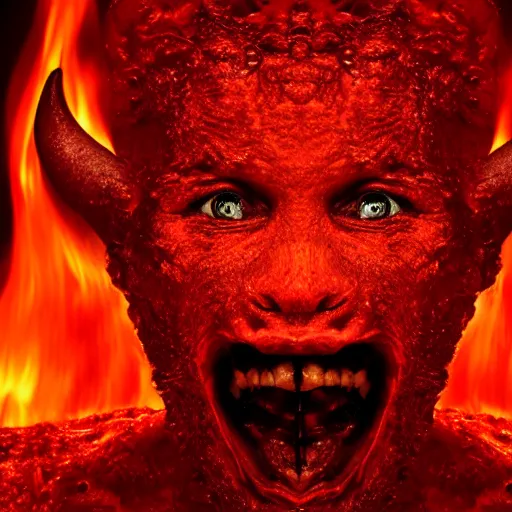 Prompt: a devilish red monster with horns licking hot lava emerging from boiling rough fiery lava seas, close - up portrait photo by david lachapelle, masterpiece, trending on flickr