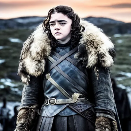 Prompt: maisie williams as jon snow from game of thrones, golden hour, cinematic