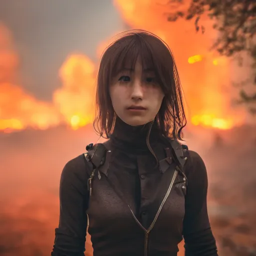 Image similar to beautiful android girl in full battle gear in a destroyed city, surrounded by fire, ground fog, moody lighting, 8 k, shallow depth of field, cinematic lighting,