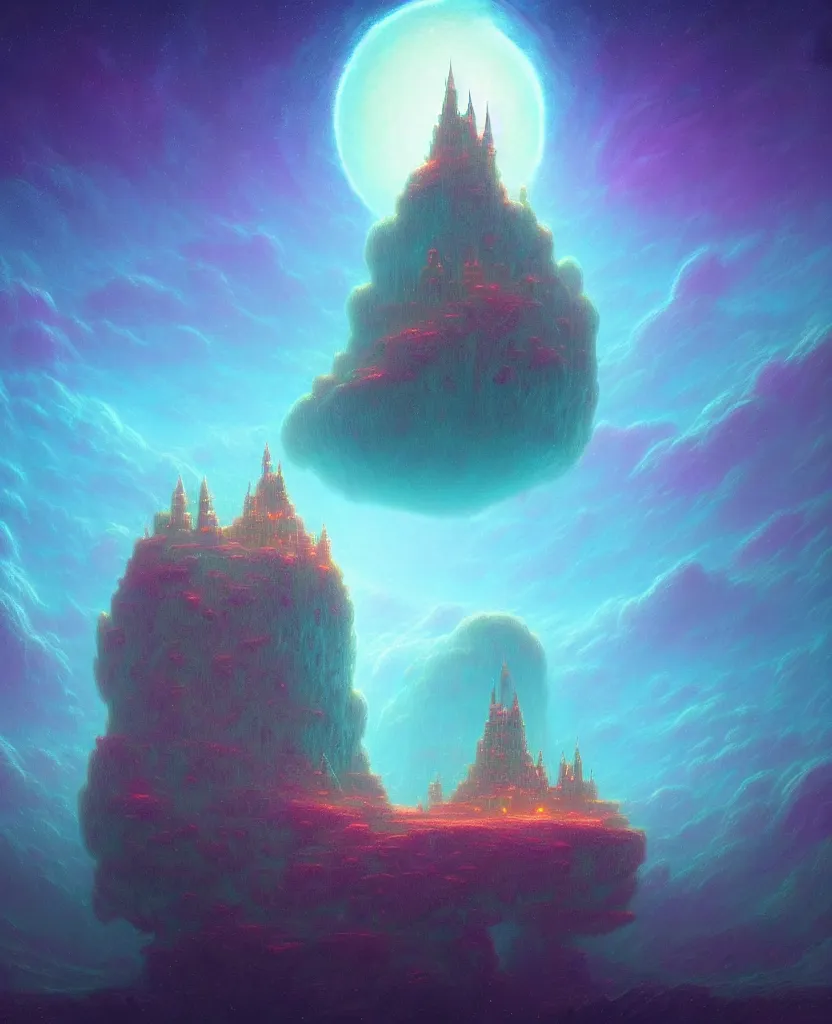 Image similar to an ultra detailed midjourney concept digital art painting of a singular floating island with a castle, flying citadel levitating across space in a misty pearlescent nebula by paul lehr kazumasa uchio situated in a starry expanse of bioluminescent cosmic worlds by beksinski and beeple, ecological art, flying citadel with towers, trending on artstation