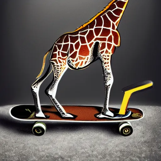 Image similar to a giraffe on a skateboard, high detail