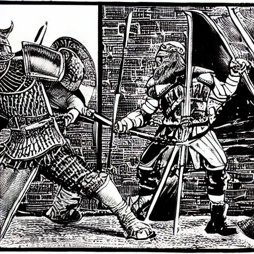 Image similar to viking berserker dueling british knight, hyper detailed black line illustration by Hal Foster