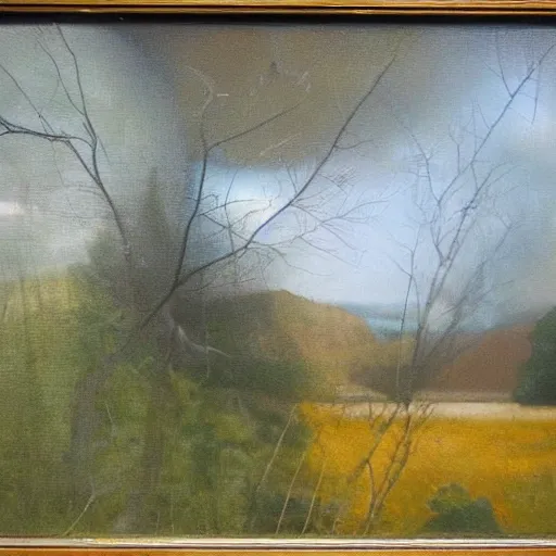 Prompt: a gorgeous landscape by lars boingo, oil on canvas. viewed through a cracked lens.