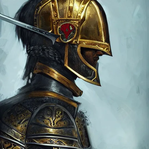 Prompt: Extremely high detail photo of a knight with black harnass, golden details revealing his face, human face with bright red yes, full body, symmetric, long sword, battle scars, great red feather, kingdom, high detail painting, digital art, Trending on Artstation