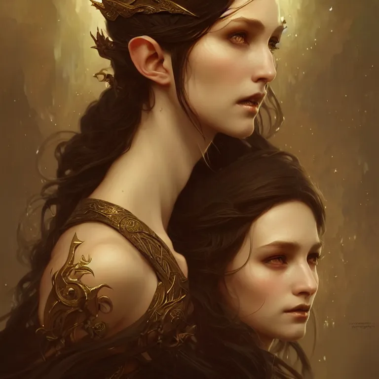 Image similar to Portrait of elvish girl, face, dark fantasy, intricate, elegant, highly detailed, digital painting, artstation, concept photoset, smooth, sharp focus, photo, art by artgerm and greg rutkowski and alphonse mucha