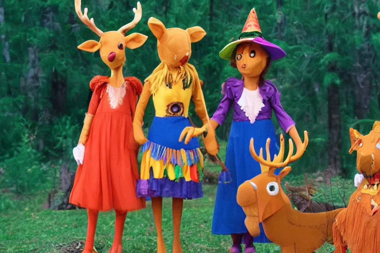 Prompt: full color frame from a live action 1972 kids show with three witchy sisters, sad golden deer puppet, and the friends