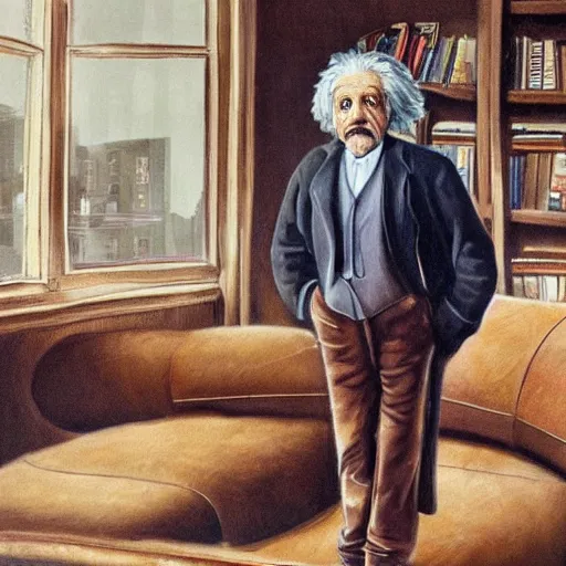 Image similar to highly detailed photorealistic full body portrait of albert einstein inside a modern living room while he is using his Apple MacBook Pro on the sofa